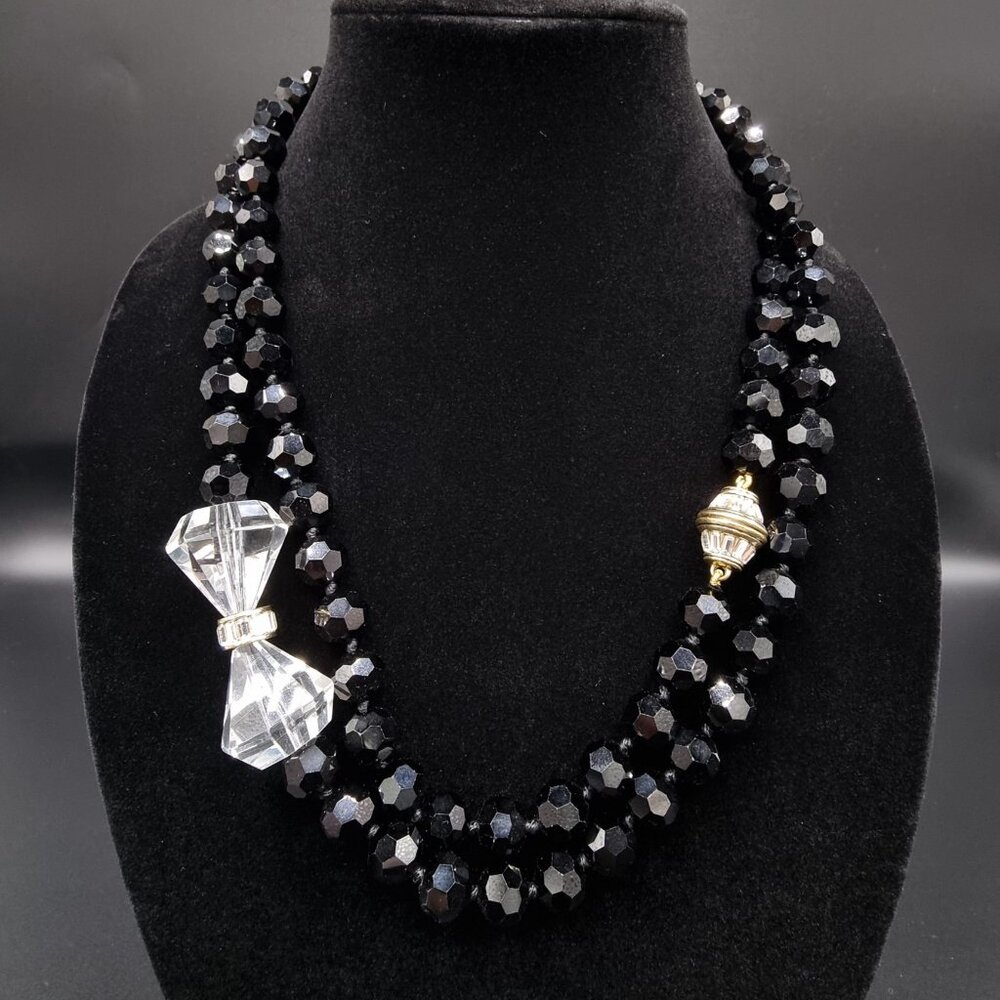 Heidi Daus Black Beaded Crystal Bow Necklace With Gold Accents